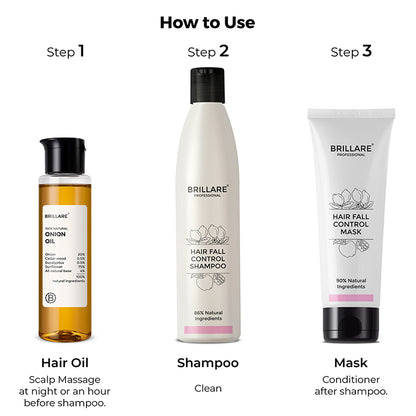 steps on how to use: Brillare Onion Hair Oil, Hair Fall Control Shampoo &amp; Hair Fall Control Conditioner.