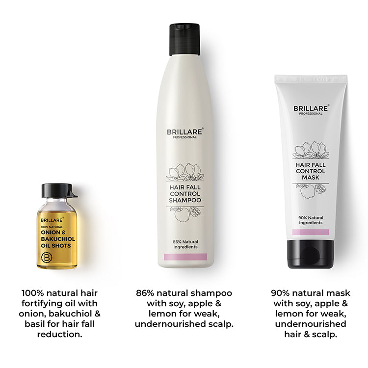 Brillare Onion &amp; Bakuchiol Oil Shots, Hair Fall Control Shampoo &amp; Hair Fall Control Conditioner with side text include their benefits and key ingredient names.