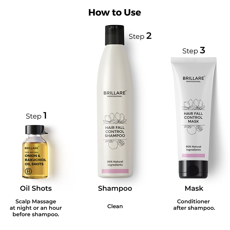 steps on how to use Brillare Onion &amp; Bakuchiol Oil Shots, Hair Fall Control Shampoo &amp; Hair Fall Control Conditioner