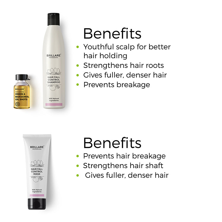 Brillare Onion &amp; Bakuchiol Oil Shots, Hair Fall Control Shampoo &amp; Hair Fall Control Conditioner with side text include benefits: youthful scalp for better hair holding, strengthens hair roots, gives fuller, denser hair, prevents hair breakage. 