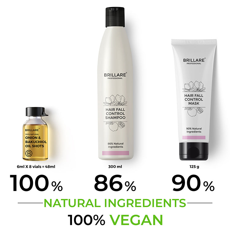 Brillare Onion &amp; Bakuchiol Oil Shots, Hair Fall Control Shampoo &amp; Hair Fall Control Conditioner with side text include their nature score and 100% vegan.