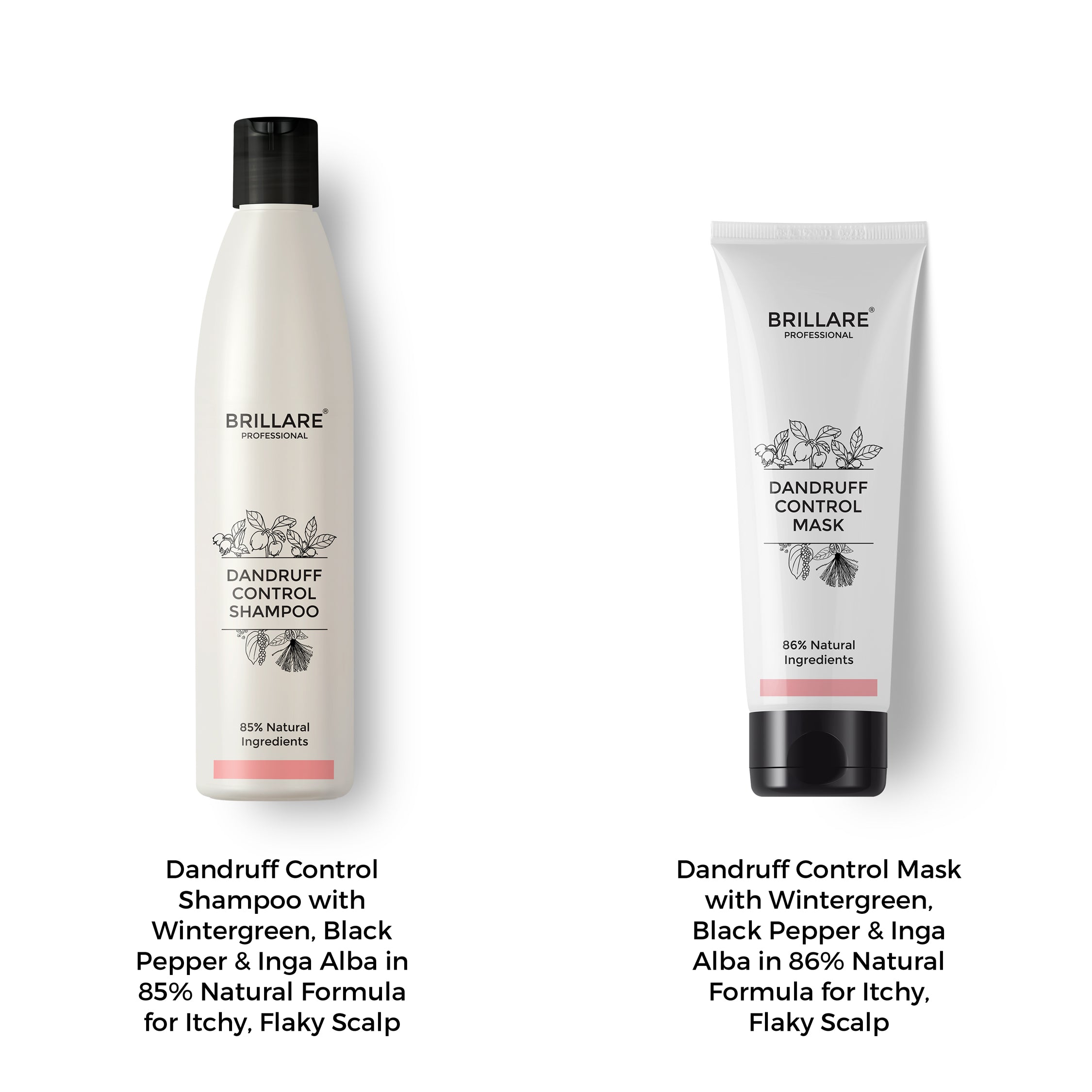 Brillare Professional Dandruff Control Shampoo &amp; Conditioner with side text include their nature score and key ingredients name.