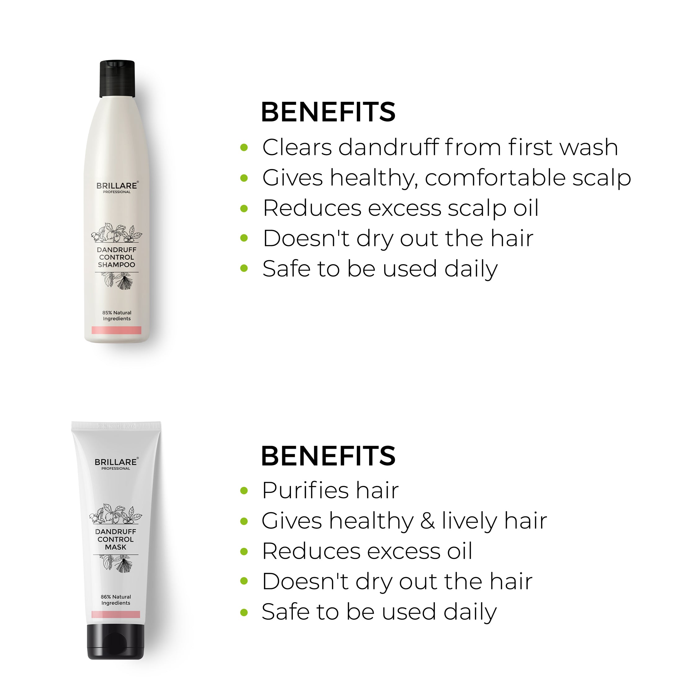 Brillare Professional Dandruff Control Shampoo &amp; Conditioner with side text include benefits: clears dandruff from first wash, gives healthy, comfortable scalp, reduces excess scalp oil, doesn&