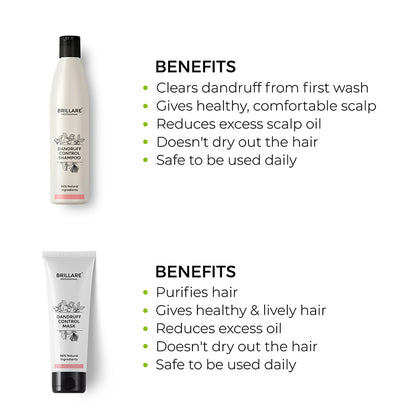 Brillare Professional Dandruff Control Shampoo &amp; Conditioner with side text include benefits: clears dandruff from first wash, gives healthy, comfortable scalp, reduces excess scalp oil, doesn&