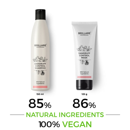 Brillare Professional Dandruff Control Shampoo &amp; Conditioner with side text include their nature score and 100% vegan.