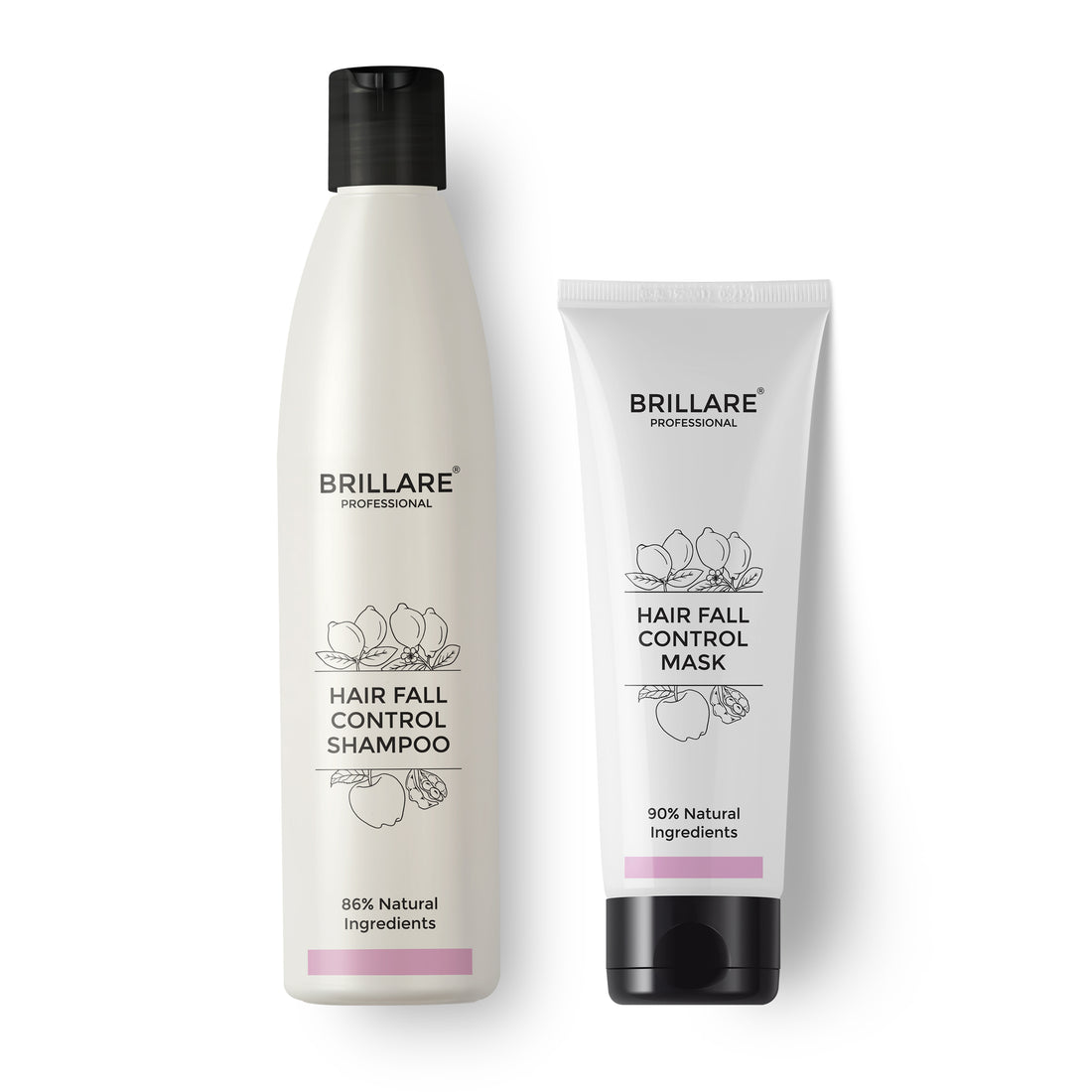 front  view of Brillare Professional Hair Fall Control Shampoo and Conditioner against white background. 