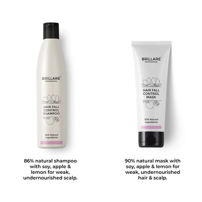 Brillare Professional Hair Fall Control Shampoo &amp; Conditioner with side text include their nature score and key ingredient names.