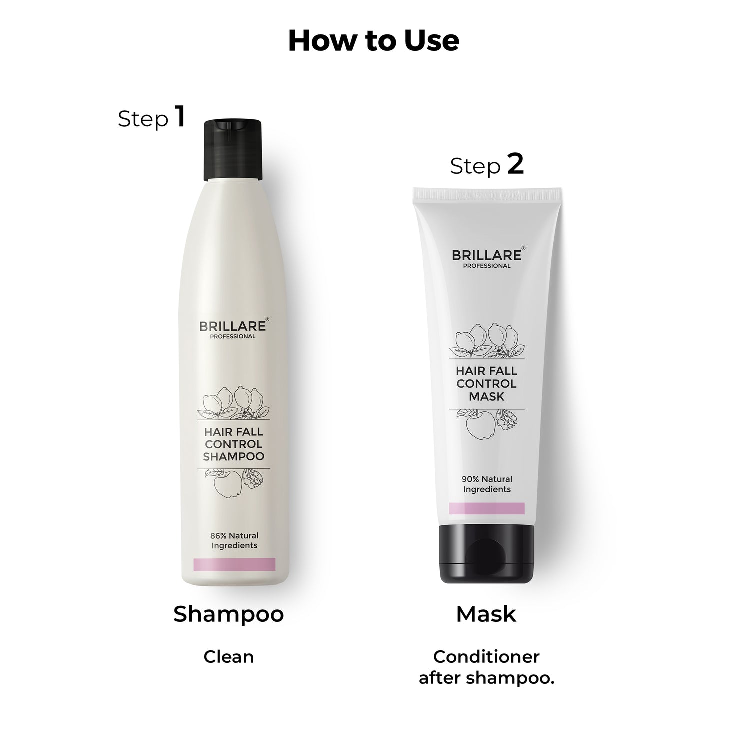 steps of how to use Brillare Professional Hair Fall Control Shampoo &amp; Conditioner.