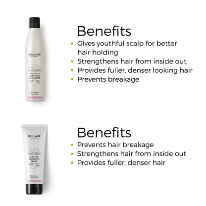 Brillare Professional Hair Fall Control Shampoo &amp; Conditioner with side text include their benefits: gives youthful scalp for better hair holding strengthens hair from inside out, provides fuller, denser looking hair, prevents hair breakage. 