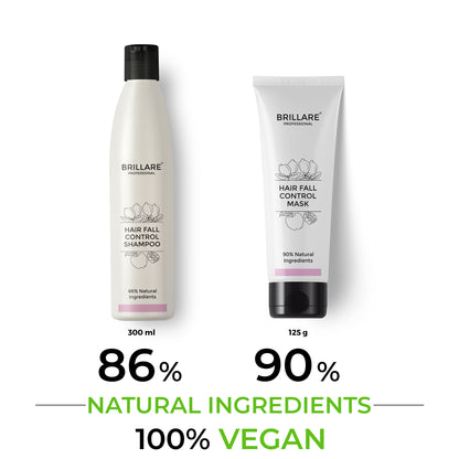 Brillare Professional Hair Fall Control Shampoo &amp; Conditioner with side text include their nature score &amp; 100% vegan.