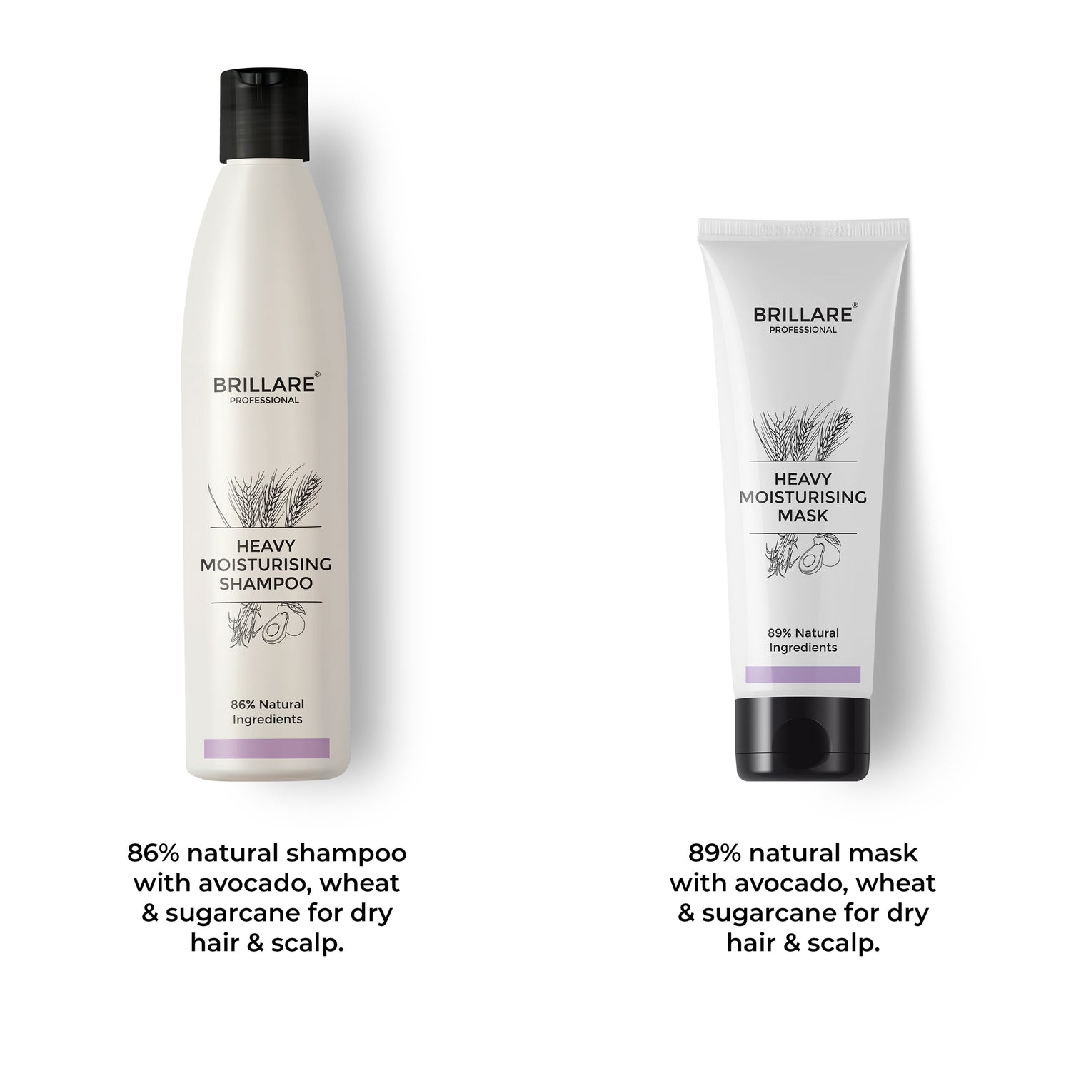 Brillare Professional Heavy Moisturising Shampoo &amp; Conditioner with side text include their nature score and key ingredients name.