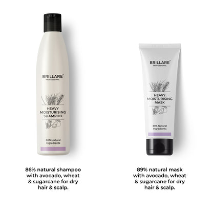 Brillare Professional Heavy Moisturising Shampoo &amp; Conditioner with side text include their nature score and key ingredients name.