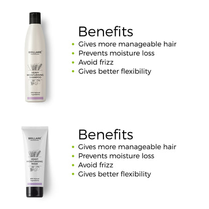 Brillare Professional Heavy Moisturising Shampoo &amp; Conditioner with side text include benefits: gives more manageable hair, prevents moisture loss, avoid frizz, gives better flexibility