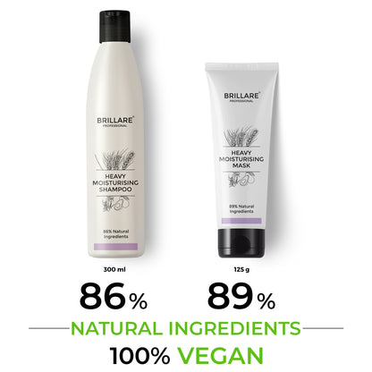 Brillare Professional Heavy Moisturising Shampoo &amp; Conditioner with side text include their nature score and 100% vegan.