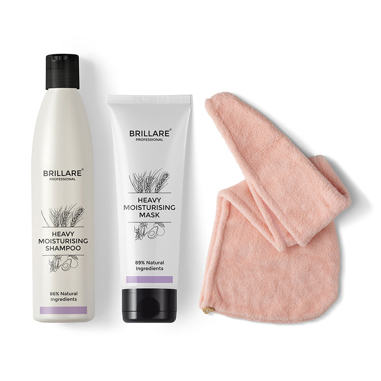 Brillare Professional Heavy Moisturising Shampoo, Conditioner and Hair Wrap Towel against white background.