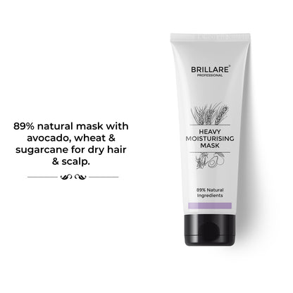 Brillare Heavy Moisturising Mask with the side text include: 89% natural mask with avocado, wheat &amp; sugarcane for dry hair &amp; scalp.