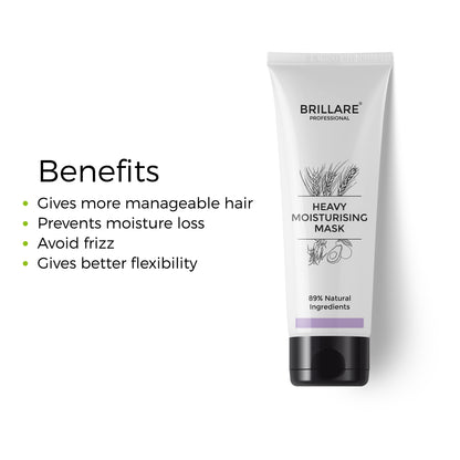 Brillare Heavy Moisturising Mask with the side text include benefits: gives more manageable hair, prevents moisture loss, avoid frizz, gives better flexibility.