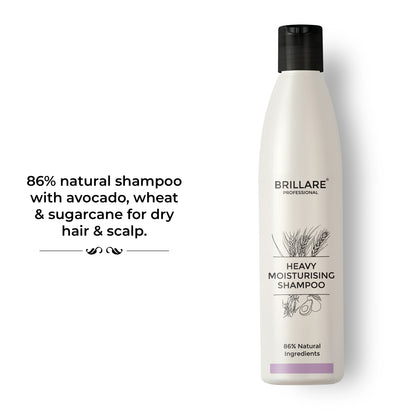 Brillare Heavy Moisturising Shampoo bottle. Text besides the bottle reads: 86% natural shampoo with avocado, wheat &amp; sugarcane for dry hair &amp; scalp.