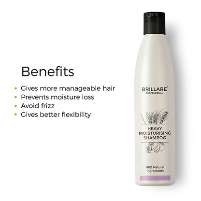 Brillare Heavy Moisturising Shampoo bottle with the text benefits include: give more manageable hair, prevents moisture loss, avoid frizz, gives better flexibility. 