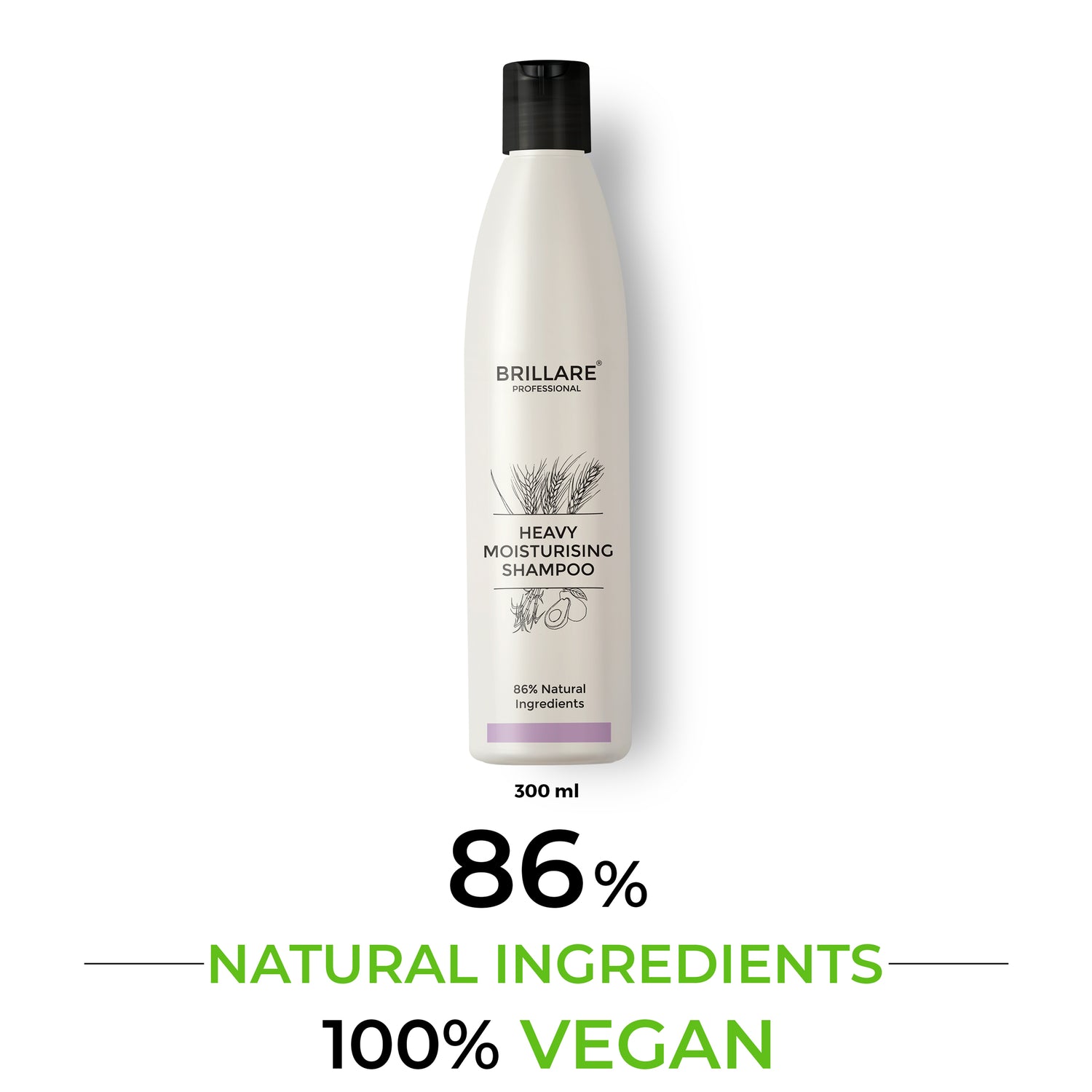 Brillare Heavy Moisturising Shampoo bottle with the text include: 86% natural ingredients and 100% vegan.