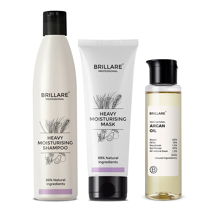 front view of Brillare Heavy Moisutising Shampoo, Conditioner and Argan Oil against white background.