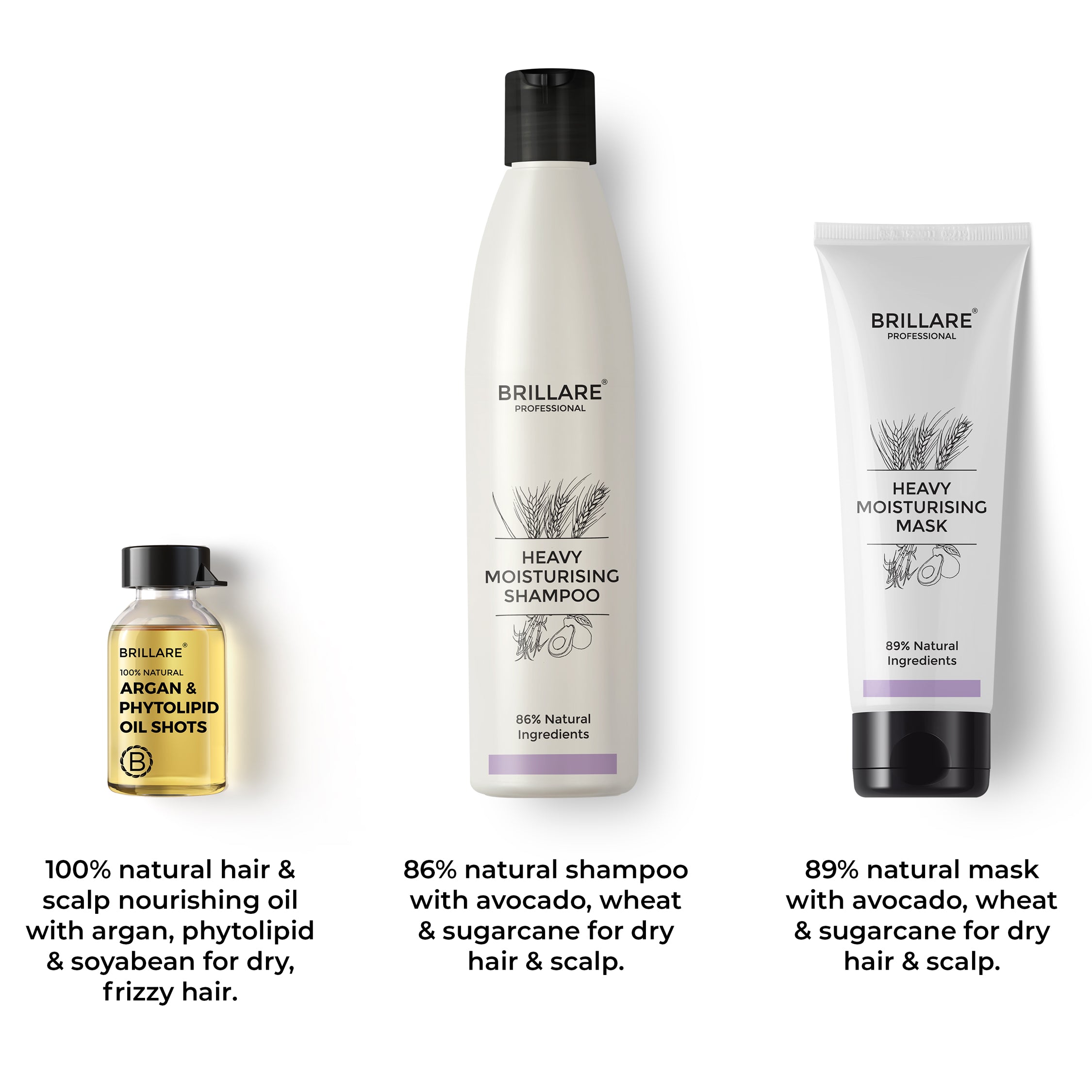 Brillare Argan &amp; Phytolipid Oil Shots, Heavy Moisturising Shampoo &amp; Conditioner with side text include their nature score and key ingredient names.