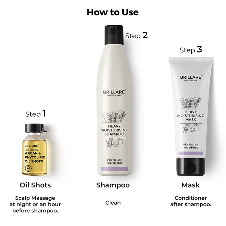 how to use steps of Brillare Argan &amp; Phytolipid Oil Shots, Heavy Moisturising Shampoo &amp; Conditioner.