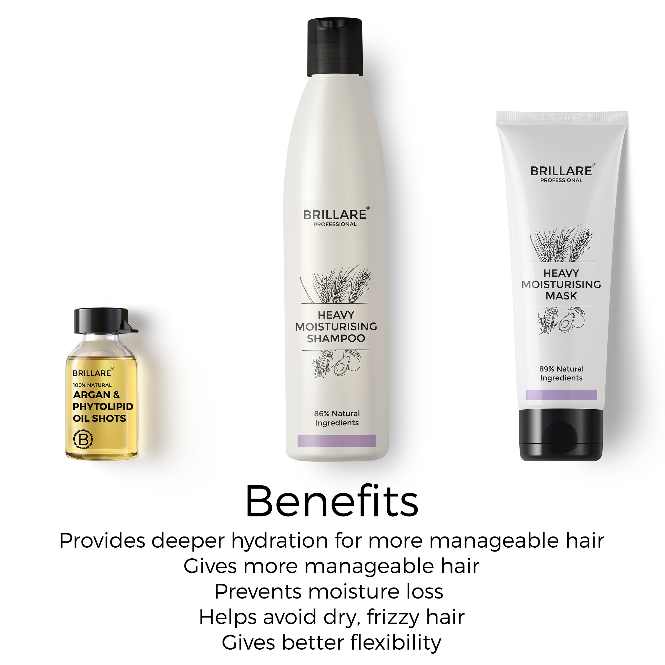 benefits of Brillare Argan &amp; Phytolipid Oil Shots, Heavy Moisturising Shampoo &amp; Conditioner mentioned in text include: provides deeper hydration for more manageable hair, gives more manageable hair, prevents moisture loss, helps avoid dry, frizzy hair, gives better flexibility.