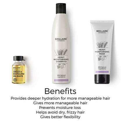 benefits of Brillare Argan &amp; Phytolipid Oil Shots, Heavy Moisturising Shampoo &amp; Conditioner mentioned in text include: provides deeper hydration for more manageable hair, gives more manageable hair, prevents moisture loss, helps avoid dry, frizzy hair, gives better flexibility.