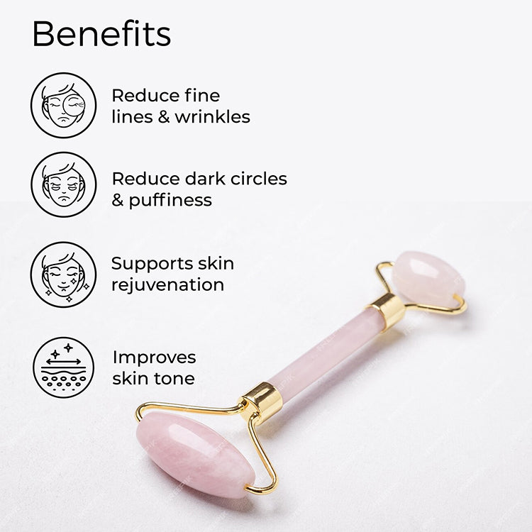 Jade Roller with side text include benefits: reduce fine lines &amp; wrinkles, reduce dark circles &amp; puffiness, supports skin rejuvenation, improves skin tone.