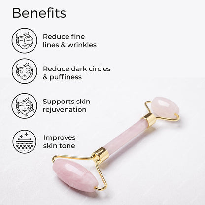 Jade Roller with side text include benefits: reduce fine lines &amp; wrinkles, reduce dark circles &amp; puffiness, supports skin rejuvenation, improves skin tone.