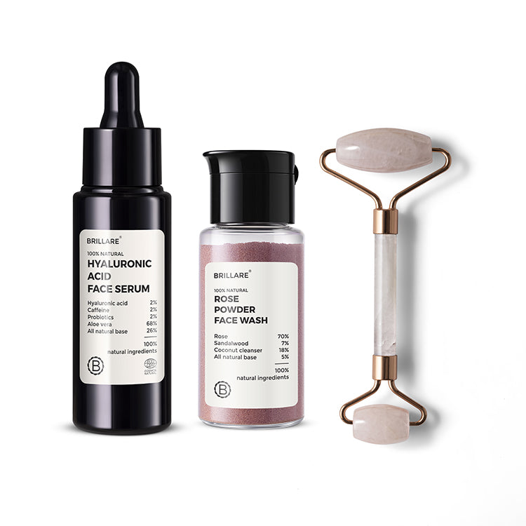 front view of Brillare Hyaluronic Acid Face Serum, Brillare Rose Powder Face Wash &amp; Jade Roller against white background.