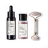 front view of Brillare Hyaluronic Acid Face Serum, Brillare Rose Powder Face Wash & Jade Roller against white background.