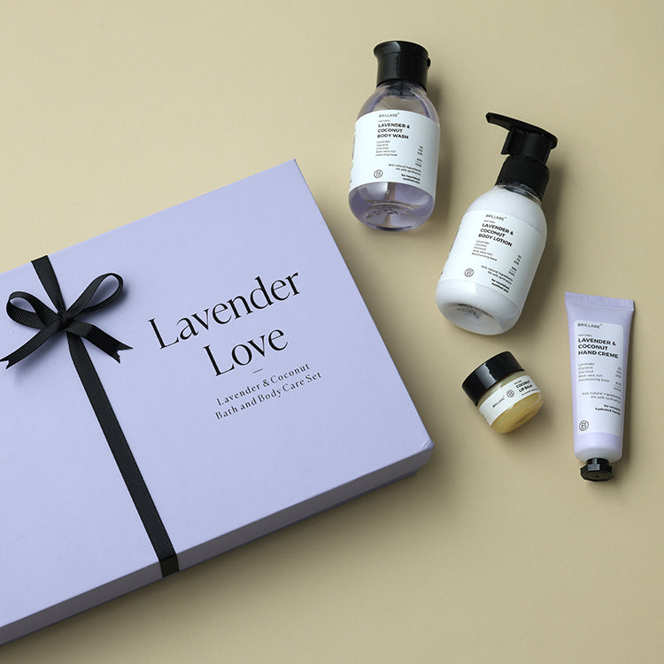 Brillare Lavender Love Gift Box with Lavender &amp; Coconut Body Wash, Body Lotion, Coconut Lip Balm and Hand Creme.