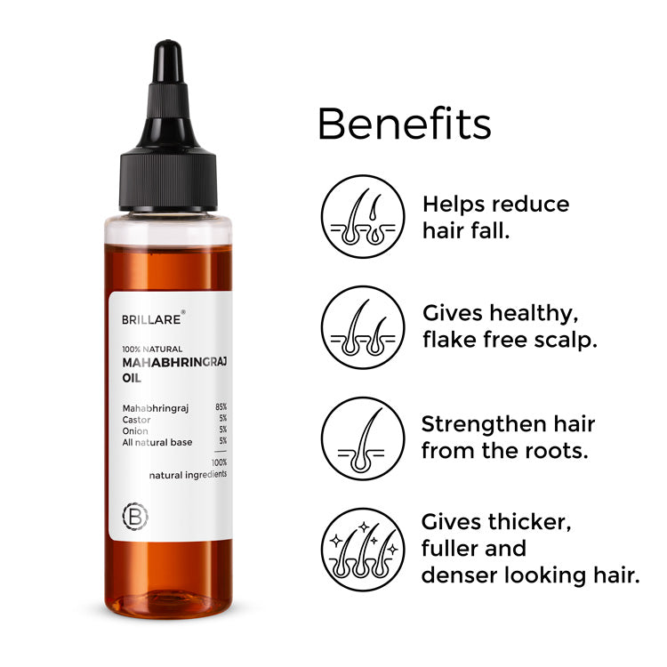 Brillare Mahabhringraj Oil with side text include benefits: helps reduce hair fall, gives healthy flake scalp, strengthen hair from the roots, fights early greying, gives thicker fuller and denser looking hair. 