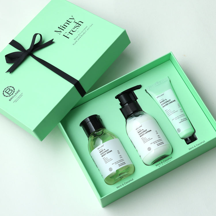 Brillare Minty Fresh Gift Box with Mint &amp; Coconut Body Wash, Body Lotion and Hand Creme.