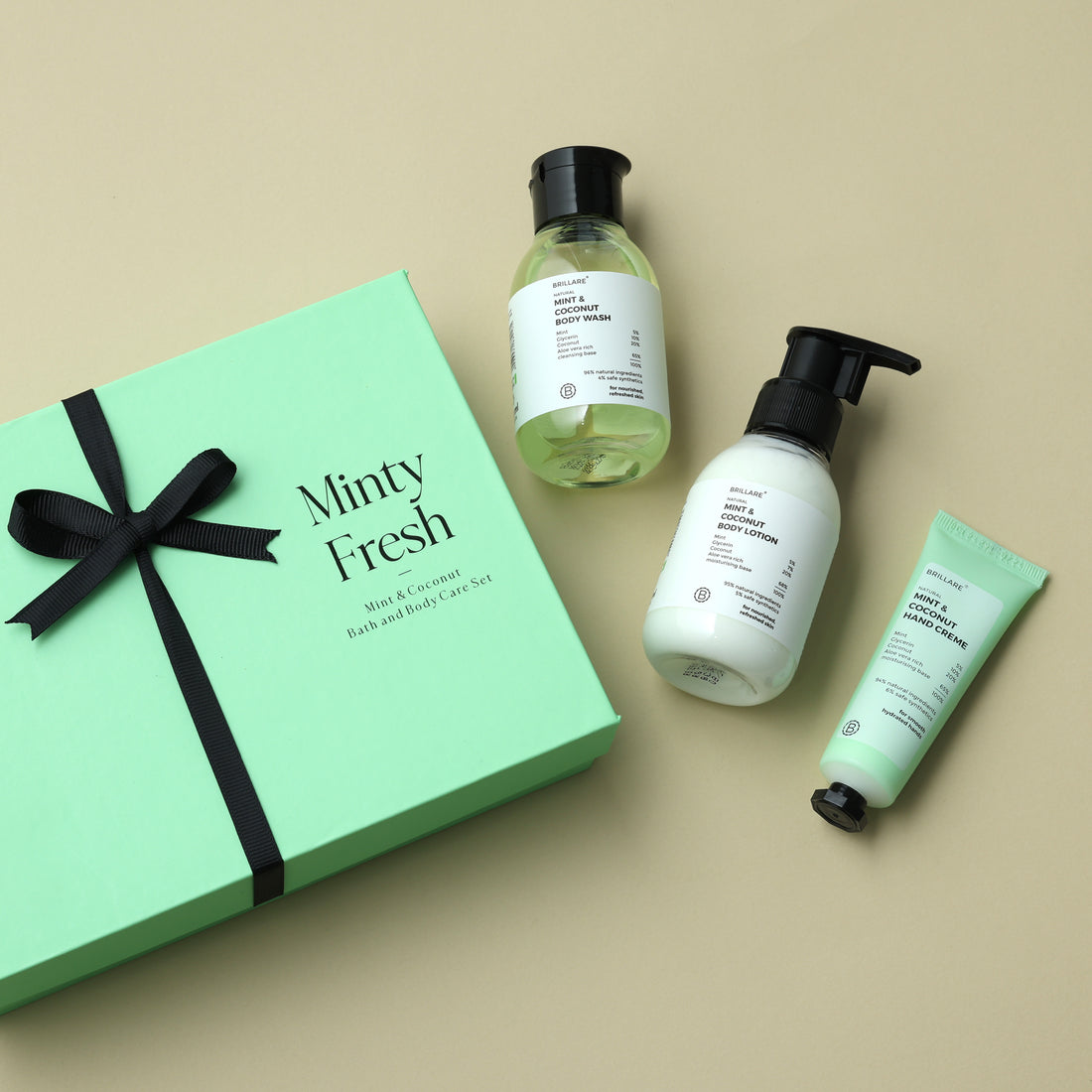 Brillare Minty Fresh Gift Box with Mint &amp; Coconut Body Wash, Body Lotion and Hand Creme.