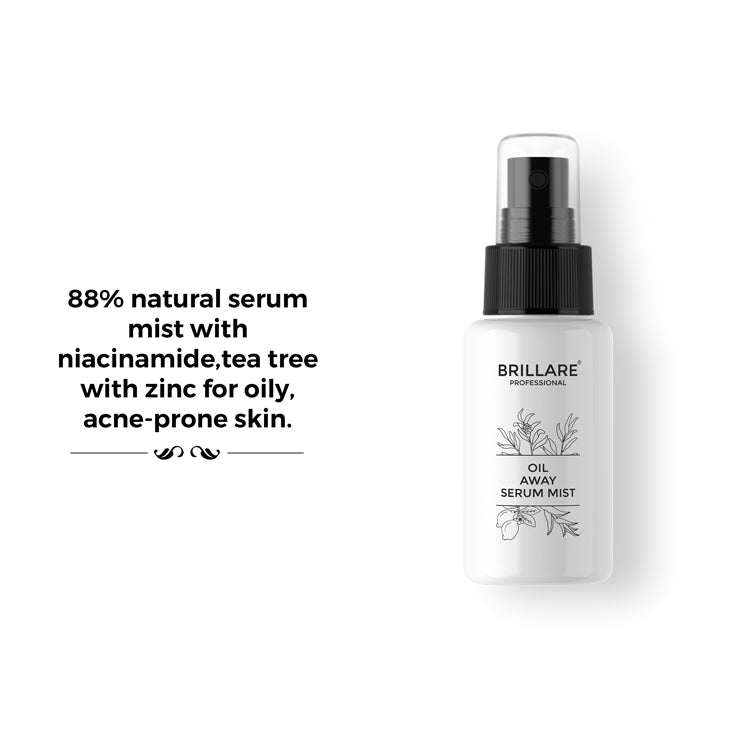 Brillare Professional Oil Away Serum Mist with the side text include: 88% natural serum mist with niacinamide, tea tree, with zinc for oily, acne-prone skin.