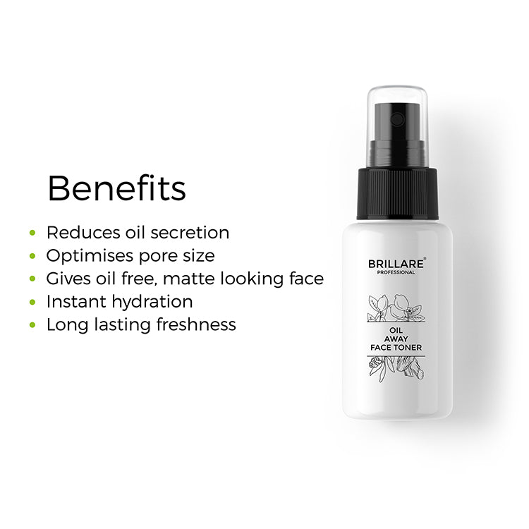 Brillare Professional Oil Away Face Toner with the side text benefits include: reduces oil secretion, optimises pore size, gives oil free, matte looking face, instant hydration, long lasting freshness. 