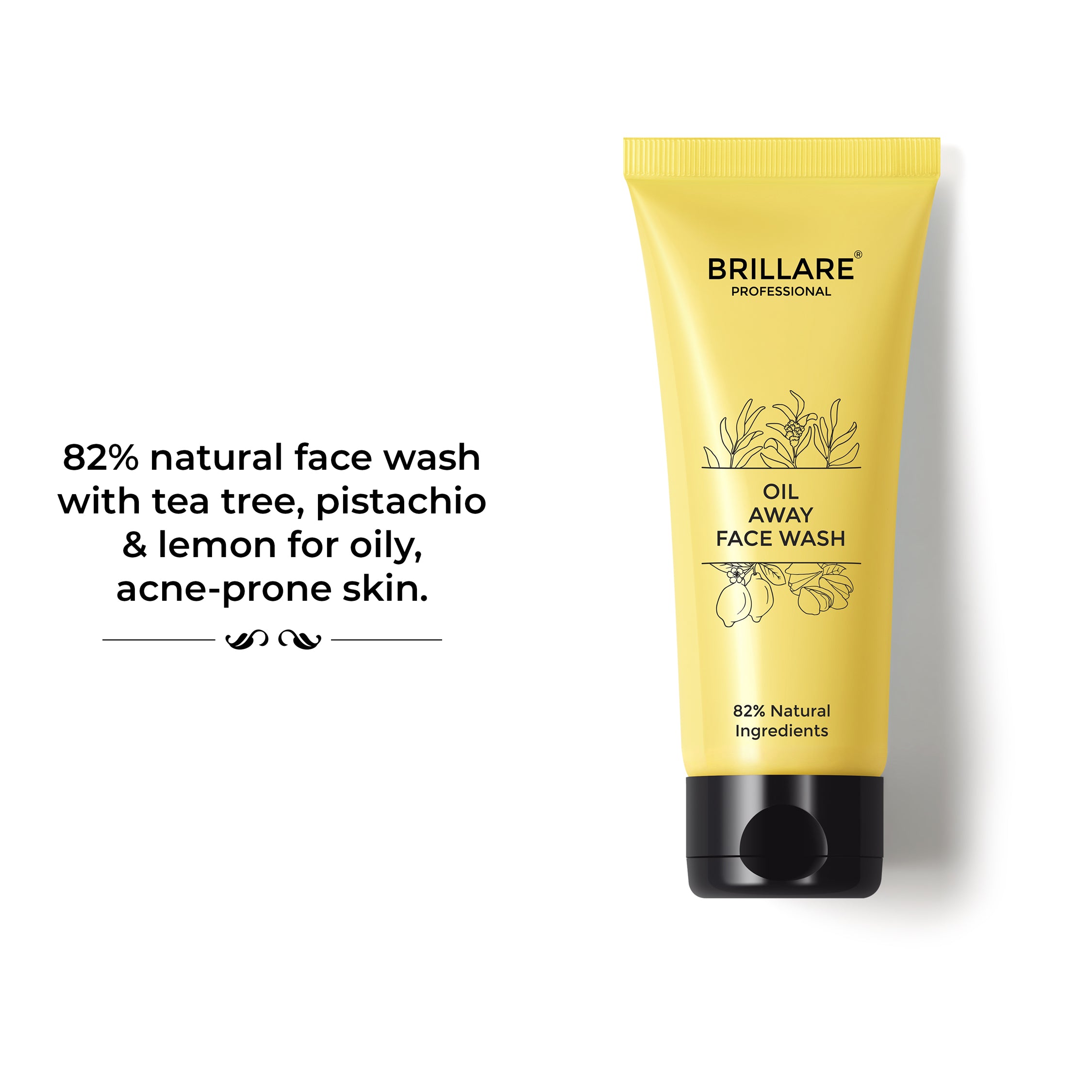 Brillare Professional Oil Away  face wash. Texts besides the product reads: 82% natural face wash with tea tree, pistachio &amp; lemon for oily acne-prone skin. 