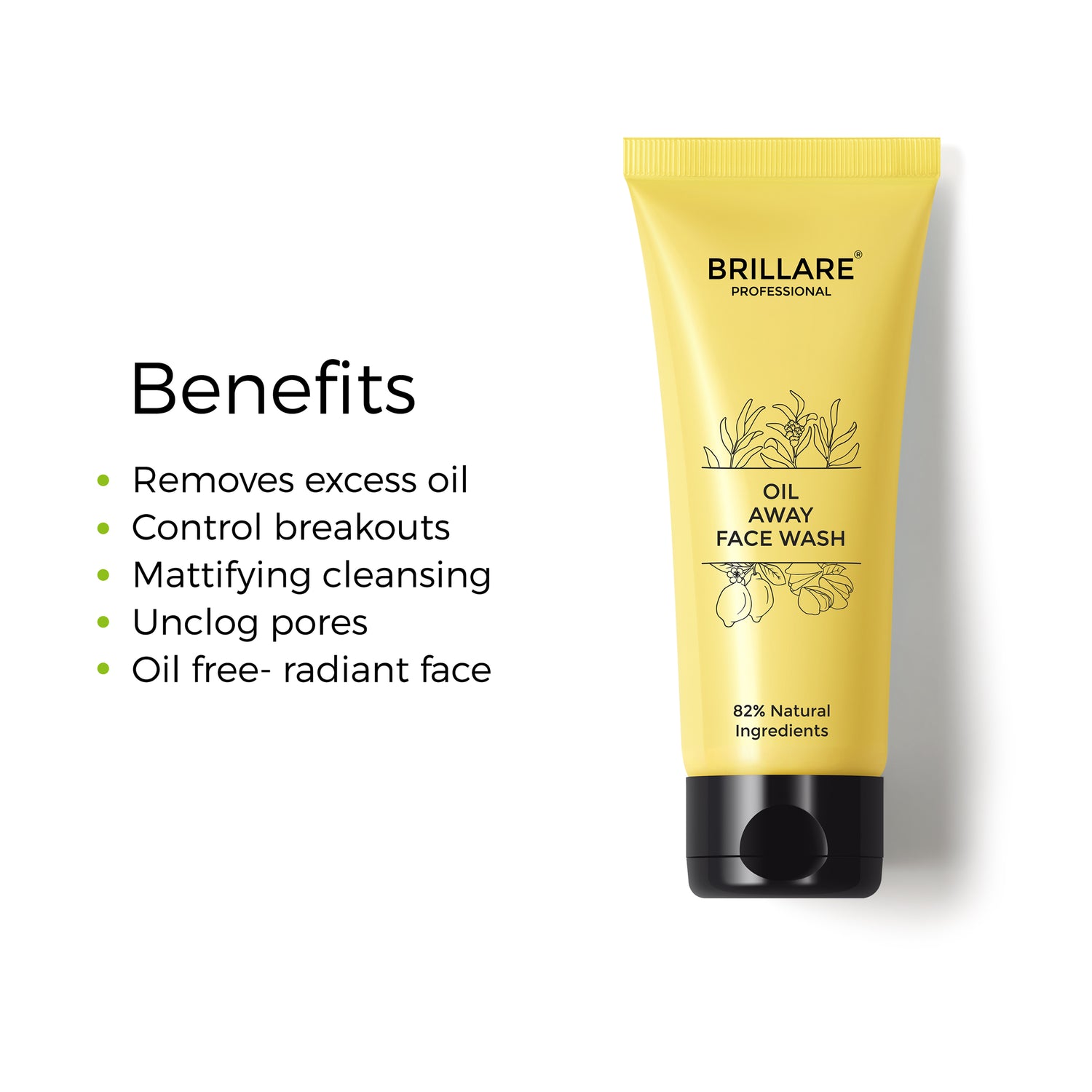 Brillare Professional Oil Away Face wash with the Text benefits include: removes excess oil, control breakouts, mattifying cleansing, unclog pores, oil free-radiant face