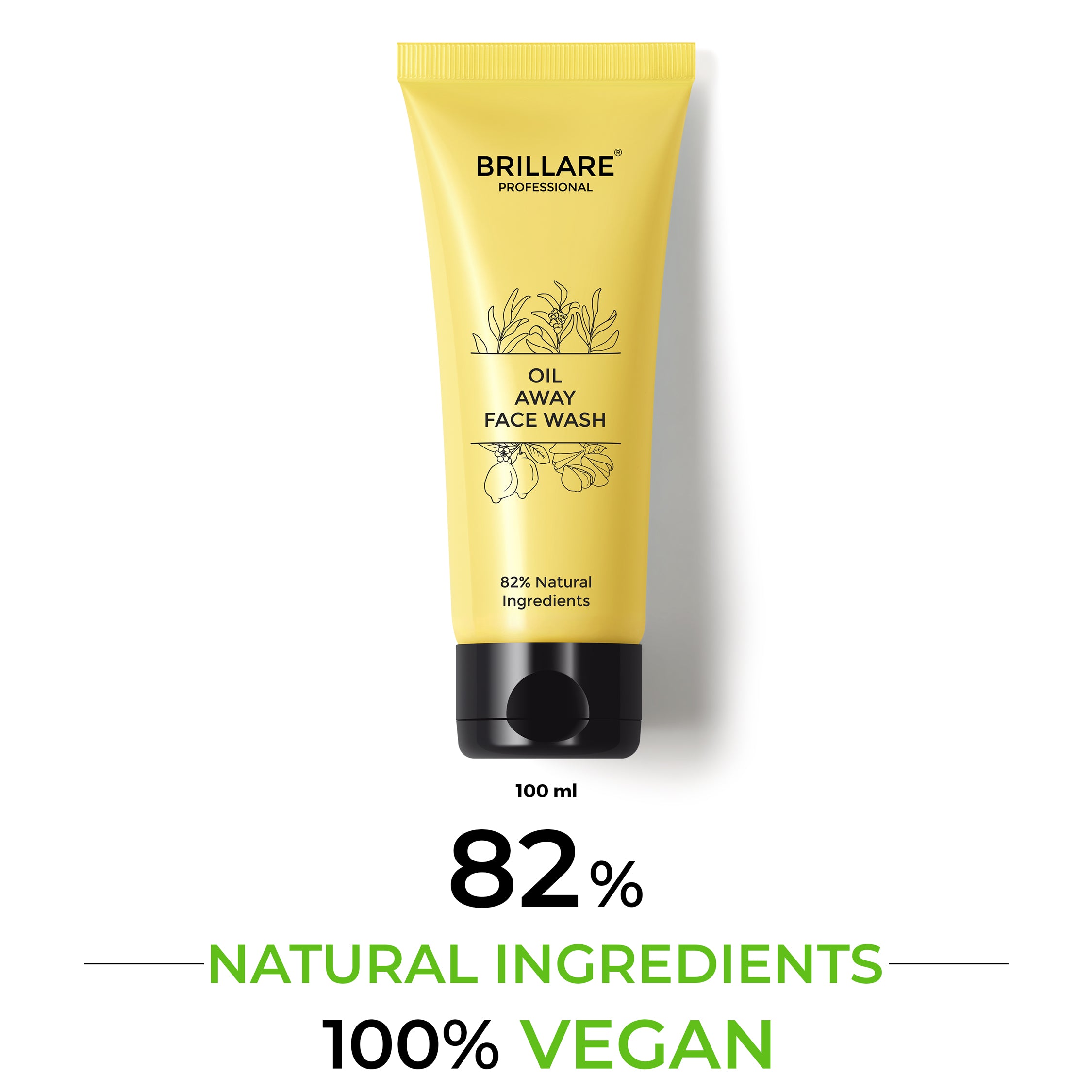 Brillare Professional Oil Away Face wash with Text include: 82% natural ingredients and 100% vegan.