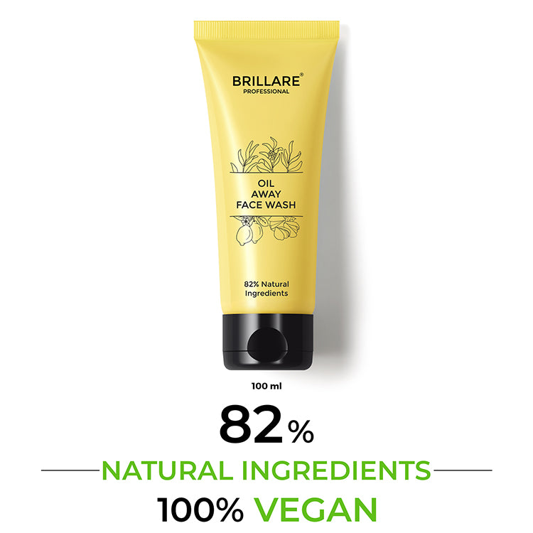 Brillare Professional Oil Away Face wash with Text include: 82% natural ingredients and 100% vegan.