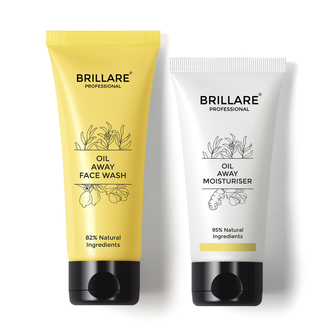 front view of Brillare Oil Away Face Wash &amp; Brillare Oil Away Moisturiser against white background. 