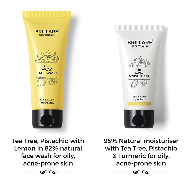 Brillare Oil Away Face Wash with side text include: tea tree, pistachio with lemon in 82% natural face wash for oily, acne-prone skin. 
With Brillare Oil Away Moisturiser with side text include: 95% natural moisturiser with tea tree, pistachio &amp; turmeric for oily, acne-prone skin.