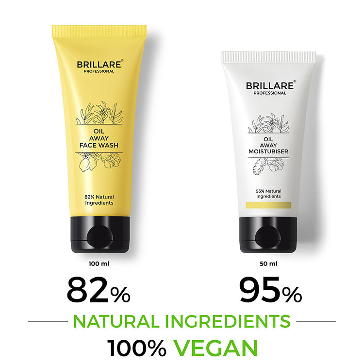 Brillare Professional Oil Away Face wash with Text include: 82% natural ingredients and 100% vegan with Brillare Professional Oil Away Moisturiser with the text include: 95% natural ingredients