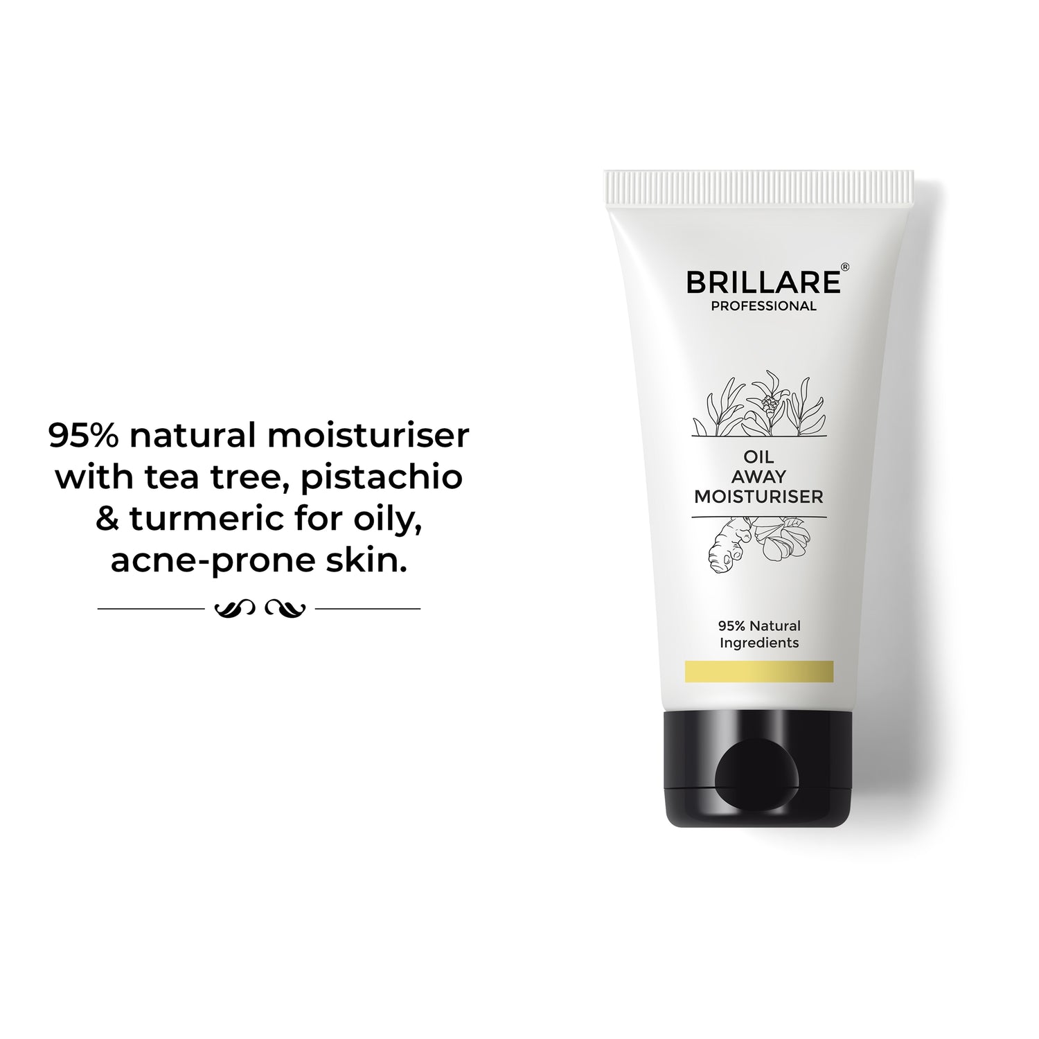 Brillare Professional Oil Away Moisturiser with the side text include: 95% natural moisturiser with tea tree, pistachio &amp; turmeric for oily, acne-prone skin.