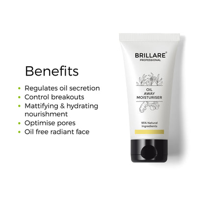 Brillare Professional Oil Away Moisturiser with the side text include benefits: regulates oil secretion, controls breakout, mattifying &amp; hydrating nourishment, optimise pores, oil free radiant face.