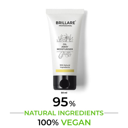 Brillare Professional Oil Away Moisturiser with the text include: 95% natural ingredients, 100% vegan &amp; 50ml.