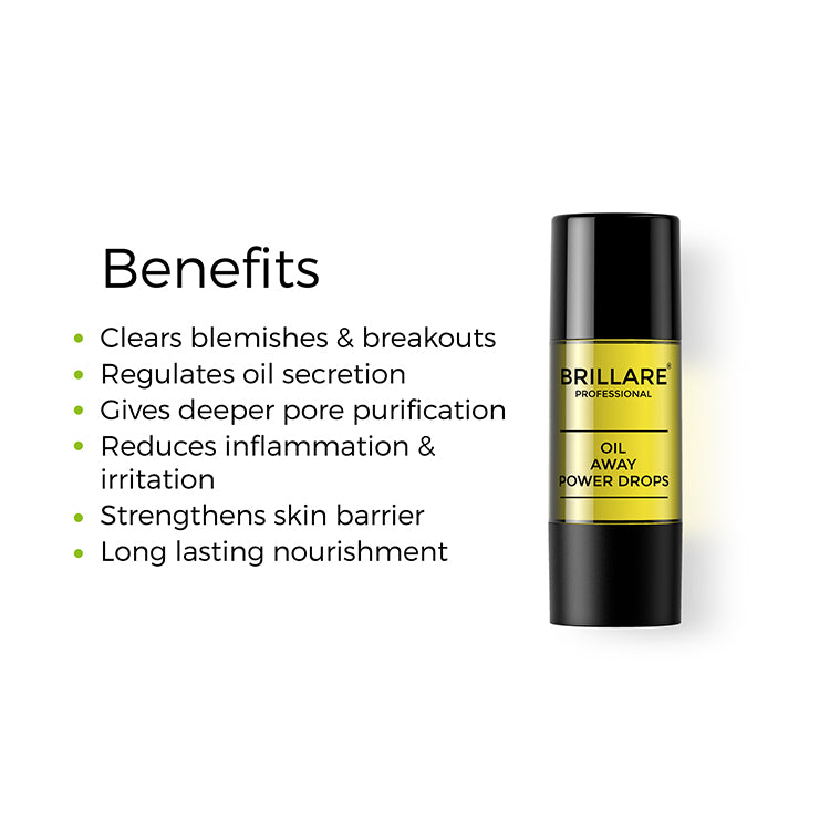 Brillare Professional Oil Away Power Drops with side text include benefits: clears blemishes &amp; breakouts, regulates oil secretion, gives deeper pore purification, reduces inflammation &amp; irritation, strengthens skin barrier, long lasting nourishment.